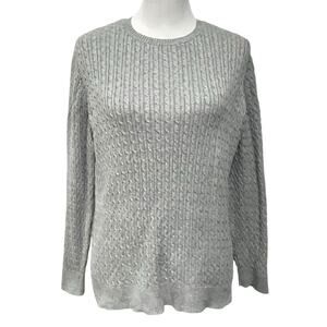 Lands’ End Sweater Womens L 100% Cotton  Cable Knit Gray Lightweight Crew Neck